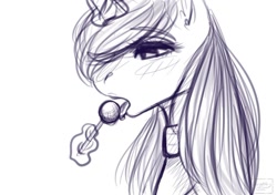 Size: 1080x761 | Tagged: safe, artist:chrystal_company, oc, oc only, oc:nightmare chrystal, species:pony, species:unicorn, bust, candy, choker, eating, food, glowing horn, horn, licking, lineart, lollipop, magic, monochrome, open mouth, simple background, solo, telekinesis, tongue out, unicorn oc, white background