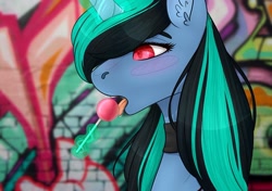 Size: 1080x761 | Tagged: safe, alternate version, artist:chrystal_company, oc, oc only, oc:nightmare chrystal, species:pony, species:unicorn, bust, candy, choker, drool, ear fluff, eating, food, glowing horn, graffiti, horn, licking, lollipop, magic, open mouth, solo, telekinesis, tongue out, unicorn oc