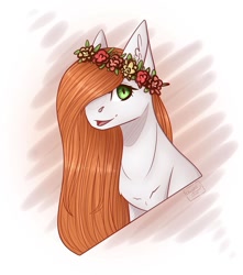 Size: 1080x1224 | Tagged: safe, artist:chrystal_company, oc, oc only, species:pony, abstract background, bust, floral head wreath, flower, hair over one eye, open mouth, smiling, solo