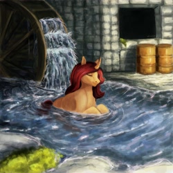Size: 4000x4000 | Tagged: safe, artist:misstwipietwins, oc, oc:sile, species:pony, species:unicorn, barrels, commission, complex background, cozy, male, relaxing, river, solo, swimming, water wheel
