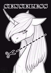 Size: 1527x2160 | Tagged: safe, artist:chrystal_company, oc, oc:nightmare chrystal, species:pony, species:unicorn, inktober, black background, bust, crying, curved horn, horn, implied decapitation, inktober 2019, scissors, simple background, solo, unicorn oc
