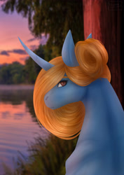 Size: 3307x4677 | Tagged: safe, artist:chrystal_company, oc, oc only, species:pony, species:unicorn, bust, horn, lake, looking back, outdoors, solo, tree, unicorn oc