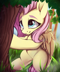 Size: 530x635 | Tagged: safe, artist:hitbass, character:fluttershy, species:pegasus, species:pony, cute, female, fluttertree, grass, mare, shyabetes, touch, tree