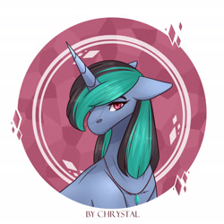 Size: 2362x2362 | Tagged: safe, artist:chrystal_company, oc, oc only, oc:nightmare chrystal, species:pony, species:unicorn, abstract background, bust, horn, jewelry, necklace, red eyes, solo, unicorn oc