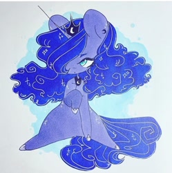 Size: 720x724 | Tagged: safe, artist:dollbunnie, character:princess luna, species:alicorn, species:pony, covered eye, crown, ear piercing, earring, fanart, female, hair over one eye, instagram, jewelry, markers, piercing, regalia, solo, traditional art