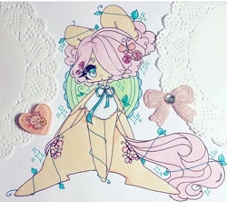 Size: 720x638 | Tagged: safe, artist:dollbunnie, character:fluttershy, species:pegasus, species:pony, blouse, clothing, different hairstyle, female, hair over one eye, hairpin, pigtails, rilakkuma, semi-anthro, skirt, solo, wings