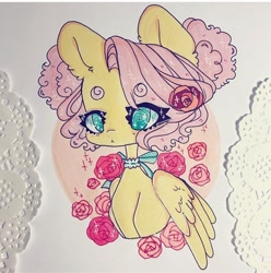 Size: 720x726 | Tagged: safe, artist:dollbunnie, character:fluttershy, species:pegasus, species:pony, alternate hairstyle, cute, different hairstyle, female, flower, instagram, jewelry, markers, necklace, pigtails, rose, shyabetes, solo, traditional art, wingding eyes