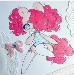 Size: 720x729 | Tagged: safe, artist:dollbunnie, character:pinkie pie, clothing, cute, different hairstyle, fanart, female, hair over one eye, instagram, marker drawing, pigtails, solo, stockings, thigh highs, traditional art