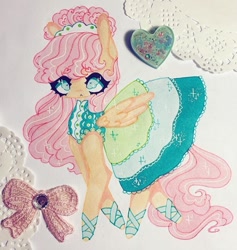 Size: 711x750 | Tagged: safe, artist:dollbunnie, character:fluttershy, species:pegasus, species:pony, episode:green isn't your color, g4, my little pony: friendship is magic, clothing, different hairstyle, dress, fanart, instagram, marker drawing, shoes, traditional art