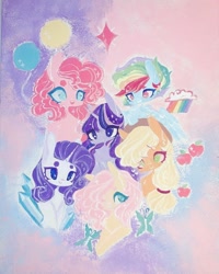 Size: 720x900 | Tagged: safe, artist:dollbunnie, character:applejack, character:fluttershy, character:pinkie pie, character:rainbow dash, character:rarity, character:twilight sparkle, acrylic painting, cutie mark, cutie mark background, instagram, mane six, pastel, short hair, traditional art