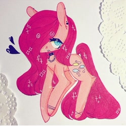 Size: 720x723 | Tagged: safe, artist:dollbunnie, character:pinkamena diane pie, character:pinkie pie, bracelet, choker, ear piercing, earring, female, hair over one eye, instagram, jewelry, marker drawing, necklace, open mouth, piercing, solo, spiked choker, traditional art