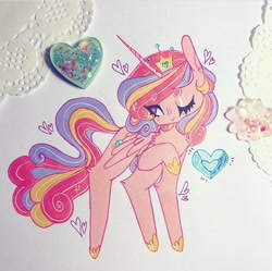 Size: 720x716 | Tagged: safe, artist:dollbunnie, character:princess cadance, species:alicorn, species:pony, crown, crystal heart, instagram, jewelry, marker drawing, missing accessory, one eye closed, regalia, traditional art, wink