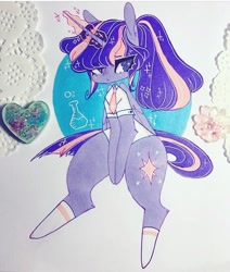 Size: 720x849 | Tagged: safe, artist:dollbunnie, character:twilight sparkle, character:twilight sparkle (alicorn), species:alicorn, species:pony, blouse, clothing, different hairstyle, female, instagram, magic, necktie, ponytail, shirt, socks, solo