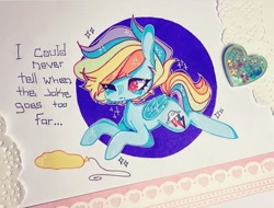 Size: 720x548 | Tagged: safe, artist:dollbunnie, character:rainbow dash, ;'(, cats millionaire, crying, long ears, marker drawing, sad, song reference, traditional art, yellow horse