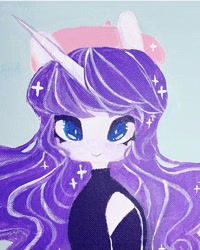 Size: 720x902 | Tagged: safe, artist:dollbunnie, character:rarity, species:pony, species:unicorn, episode:sweet and elite, g4, my little pony: friendship is magic, acrylic painting, becoming popular, beret, clothing, different hairstyle, fanart, female, hat, instagram, solo, sweater, traditional art