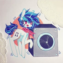 Size: 720x718 | Tagged: safe, artist:dollbunnie, character:dj pon-3, character:vinyl scratch, species:pony, species:unicorn, bass cannon, clothing, eyebrows, female, instagram, scarf, solo