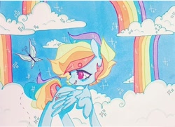 Size: 720x522 | Tagged: safe, artist:dollbunnie, character:rainbow dash, species:pegasus, species:pony, butterfly, cloud, cloudsdale, eyebrows, instagram, marker drawing, rainbows, short hair, sparkles, traditional art, wings