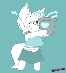 Size: 1152x1280 | Tagged: safe, artist:gin-blade, oc, oc:azur lachrimae, species:anthro, species:earth pony, species:pony, species:unguligrade anthro, adorable face, big breasts, blouse, breasts, chibi, clothing, commission, cute, digital art, eyes closed, female, monochrome, present, simple background, skirt, solo, tail