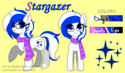 Size: 1500x876 | Tagged: safe, artist:thanhvy15599, oc, species:pony, species:unicorn, blue eyes, commission, commission art, female, glasses, horn, mare, reference sheet, scarves, simple background, solo, unicorn oc, white pony, yellow background