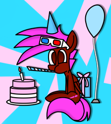 Size: 1528x1708 | Tagged: safe, artist:rainbowbacon, oc, oc:rainbowbacon, species:pegasus, species:pony, balloon, birthday, cake, clothing, food, hat, party hat, party horn, present, solo