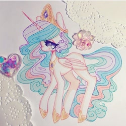 Size: 720x719 | Tagged: safe, artist:dollbunnie, character:princess celestia, species:alicorn, species:pony, accessories, crown, curly mane, cute, female, instagram, jewelry, marker drawing, regalia, solo, traditional art