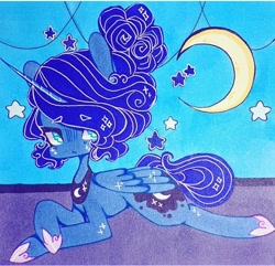 Size: 720x695 | Tagged: safe, artist:dollbunnie, character:princess luna, species:alicorn, species:pony, accessories, bun hairstyle, different hairstyle, eyebrows, female, instagram, marker drawing, missing accessory, moon, night, solo, stars, traditional art