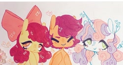 Size: 712x377 | Tagged: safe, artist:dollbunnie, character:apple bloom, character:scootaloo, character:sweetie belle, species:pegasus, species:pony, cute, cutie mark crusaders, heart, instagram, marker drawing, smiling, traditional art