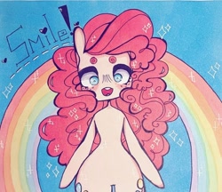 Size: 712x614 | Tagged: safe, artist:dollbunnie, character:pinkie pie, species:earth pony, species:pony, eyebrows, female, instagram, marker drawing, rainbow, semi-anthro, smiling, solo, sparkling mane, traditional art