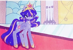 Size: 720x494 | Tagged: safe, artist:dollbunnie, character:twilight sparkle, character:twilight sparkle (alicorn), species:alicorn, species:pony, carpet, castle, crown, eyebrows, fanart, female, instagram, jewelry, marker drawing, regalia, solo, sparkles, traditional art