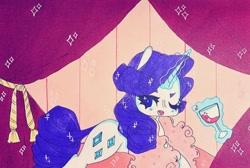 Size: 720x484 | Tagged: safe, artist:dollbunnie, character:rarity, species:pony, species:unicorn, bed, bedroom, clothing, eyebrows, female, glass, instagram, magic, marker drawing, one eye closed, open mouth, rarity's bedroom, scarf, semi-suggestive, smiling, solo, traditional art, wine glass, wink