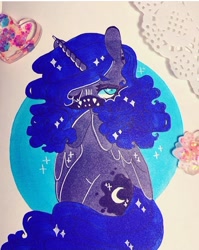 Size: 720x905 | Tagged: safe, artist:dollbunnie, character:princess luna, species:alicorn, species:pony, cute, ear piercing, earring, eyebrows, eyelashes, instagram, jewelry, marker drawing, mask, missing accessory, piercing, teeth mask, traditional art