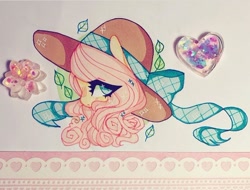 Size: 720x547 | Tagged: safe, artist:dollbunnie, character:fluttershy, clothing, cute, eyelashes, female, gardener, hat, instagram, leaves, pastel, solo