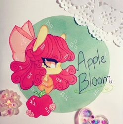 Size: 720x722 | Tagged: safe, artist:dollbunnie, character:apple bloom, apple, bow, clothing, female, food, hair bow, instagram, marker drawing, scarf, solo, traditional art
