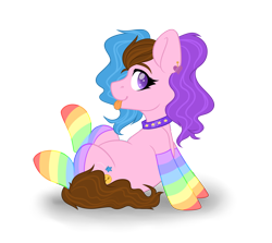 Size: 4584x4091 | Tagged: safe, artist:hellishprogrammer, oc, oc only, oc:sunshine smiles (ice1517), species:earth pony, species:pony, blep, choker, clothing, commission, ear piercing, earring, female, heart eyes, jewelry, mare, multicolored hair, piercing, rainbow socks, simple background, sitting, socks, solo, striped socks, tongue out, transparent background, wingding eyes, ych result
