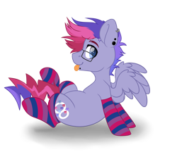 Size: 4584x4091 | Tagged: safe, artist:hellishprogrammer, oc, oc only, oc:ultraviolet ray, parent:oc:elizabat stormfeather, parent:tempest shadow, parents:canon x oc, parents:stormshadow, species:pegasus, species:pony, icey-verse, bisexual pride flag, blep, clothing, commission, ear piercing, earring, glasses, heart eyes, jewelry, lip piercing, magical lesbian spawn, male, multicolored hair, offspring, piercing, pride, pride flag, simple background, sitting, socks, solo, stallion, striped socks, tongue out, transparent background, wingding eyes, ych result