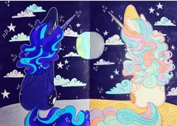 Size: 720x514 | Tagged: safe, artist:dollbunnie, character:princess celestia, character:princess luna, cloud, crown, earth, fanart, instagram, jewelry, marker drawing, moon, night, regalia, space, sparkles, stars, the world, traditional art