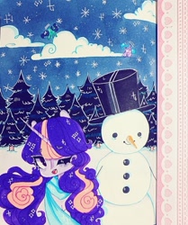 Size: 720x861 | Tagged: safe, artist:dollbunnie, character:twilight sparkle, clothing, cloud, cute, detailed background, eyebrows, forest background, instagram, marker drawing, night, one eye closed, open mouth, pine tree, scarf, smiling, snowman, starry night, stars, traditional art, tree, wink, winter