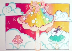 Size: 704x498 | Tagged: safe, artist:dollbunnie, character:fluttershy, species:pegasus, species:pony, beautiful, butterfly, cloud, cute, marker drawing, mushroom, mushrooms, sleeping, sparkling, traditional art