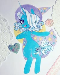 Size: 720x898 | Tagged: safe, artist:dollbunnie, character:trixie, best pony, cape, clothing, curly mane, eyebrows, female, great and powerful, hair over one eye, hat, instagram, marker drawing, open mouth, smiling, solo, traditional art, trixie's cape, trixie's hat