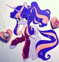 Size: 720x758 | Tagged: safe, artist:dollbunnie, character:twilight sparkle, species:pony, species:unicorn, clothing, curly mane, different hairstyle, eyebrows, female, glasses, hello kitty, jacket, looking at you, my melody, ponytail, sanrio, shirt, solo
