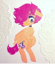 Size: 720x838 | Tagged: safe, artist:dollbunnie, character:scootaloo, species:pegasus, species:pony, alternate cutie mark, choker, eyebrows, eyelashes, female, hair over one eye, instagram, marker drawing, solo, traditional art
