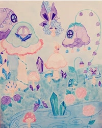 Size: 720x900 | Tagged: safe, artist:dollbunnie, oc, beautiful, butterfly, crystal, eyes closed, fairy, fairy pony, fairy rabbit, fairy wings, fairyized, fantasy, flower, flying, houses, instagram, mushroom, original species, pastel, pond, rose, traditional art, watercolor painting, wings