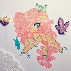 Size: 720x722 | Tagged: safe, artist:dollbunnie, character:fluttershy, species:pegasus, species:pony, butterfly, butterfly hairpin, crystal, eyebrows, eyelashes, hair over one eye, hairpin, rilakkuma