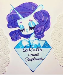 Size: 720x855 | Tagged: safe, artist:dollbunnie, character:rarity, species:pony, species:unicorn, catcalls aren't compliments, diamond, eyebrows, eyelashes, eyes closed, female, feminism, makeup, mouthpiece, sad, solo, sparkling mane