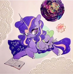Size: 720x724 | Tagged: safe, artist:dollbunnie, character:spike, character:twilight sparkle, species:dragon, species:pony, species:unicorn, blanket, book, cute, eyebrows, eyelashes, glasses, instagram, marker drawing, sleeping, traditional art