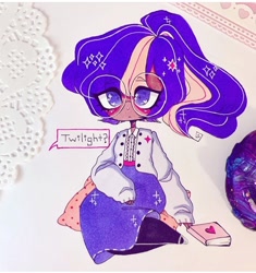 Size: 720x766 | Tagged: safe, artist:dollbunnie, character:twilight sparkle, species:human, blouse, blushing, book, clothing, dialogue, different hairstyle, eyebrows, female, glasses, humanized, instagram, jacket, long skirt, marker drawing, mary janes, pillow, ponytail, question, shoes, skirt, solo, speech bubble, tights, traditional art