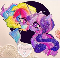 Size: 720x697 | Tagged: safe, artist:dollbunnie, character:rainbow dash, character:twilight sparkle, species:pegasus, species:pony, ship:twidash, blushing, colored pencil drawing, different hairstyle, eyelashes, female, glasses, heart eyes, instagram, lesbian, open mouth, ponytail, shipping, short hair, smiling, traditional art, wingding eyes
