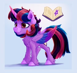 Size: 1804x1728 | Tagged: safe, artist:thatonegib, character:twilight sparkle, character:twilight sparkle (alicorn), species:alicorn, species:pony, colored wings, cutie mark, emala jiss challenge, female, folded wings, horn, long tail, mare, multicolored hair, multicolored wings, pink eyes, redesign, short hair, smiling, solo, standing, tail, wings