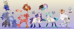 Size: 3000x1200 | Tagged: safe, artist:bunnari, character:autumn blaze, character:discord, character:king sombra, character:princess celestia, character:princess luna, character:sunset shimmer, oc, parent:autumn blaze, parent:discord, parent:king sombra, parent:princess celestia, parent:princess luna, parent:sunset shimmer, parents:celestibra, parents:lunacord, species:draconequus, ship:celestibra, ship:lunacord, female, hybrid, interspecies offspring, magical lesbian spawn, male, offspring, parents:autumnshimmer, shipping, straight