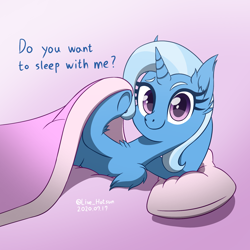Size: 1600x1600 | Tagged: safe, artist:livehotsun, character:trixie, species:pony, species:unicorn, blanket, bronybait, chest fluff, cute, diatrixes, ear fluff, female, invitation, looking at you, mare, pillow, smiling, solo